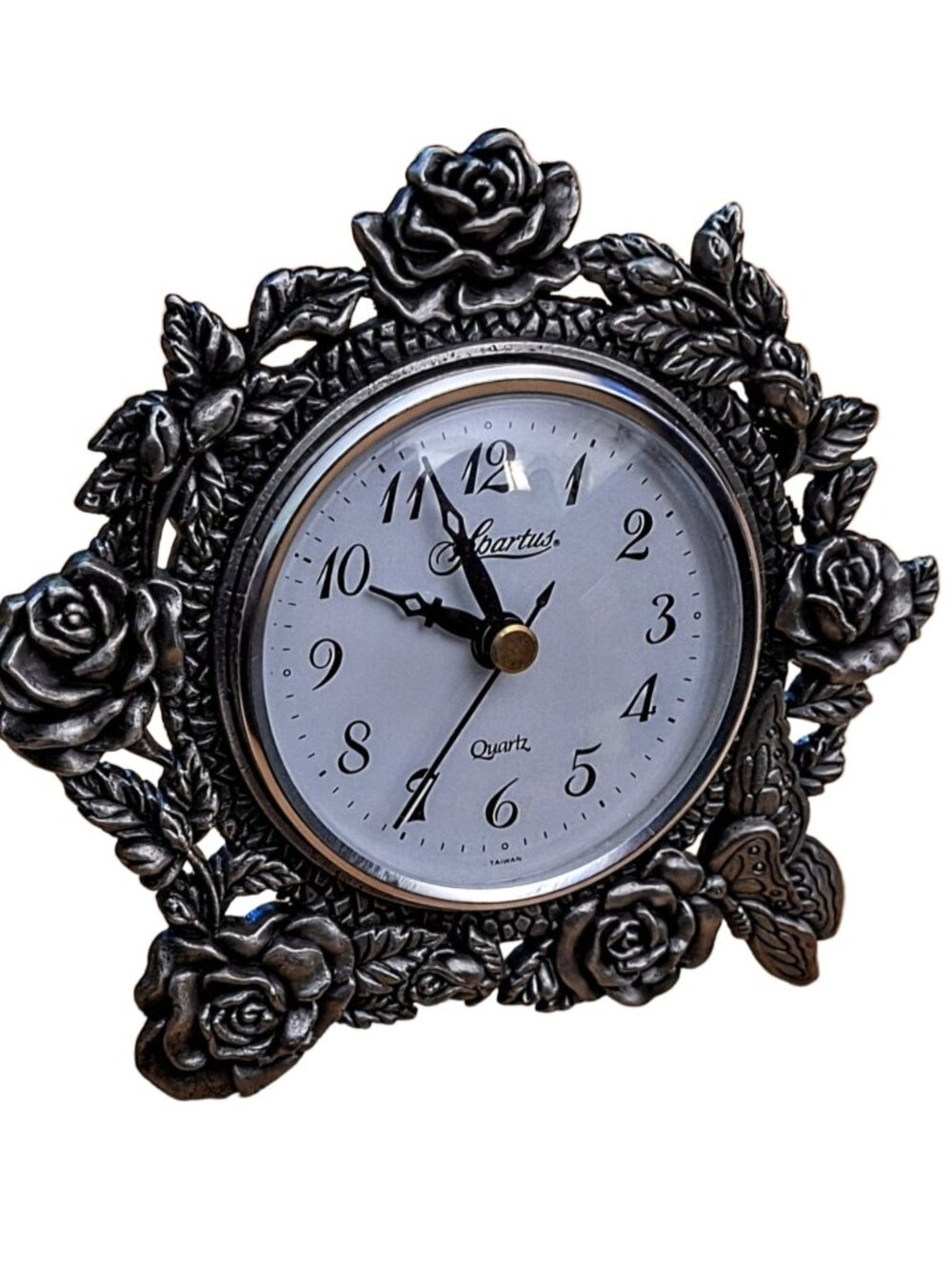 Vintage Spartus Pewter Rose Mantel Clock NIB